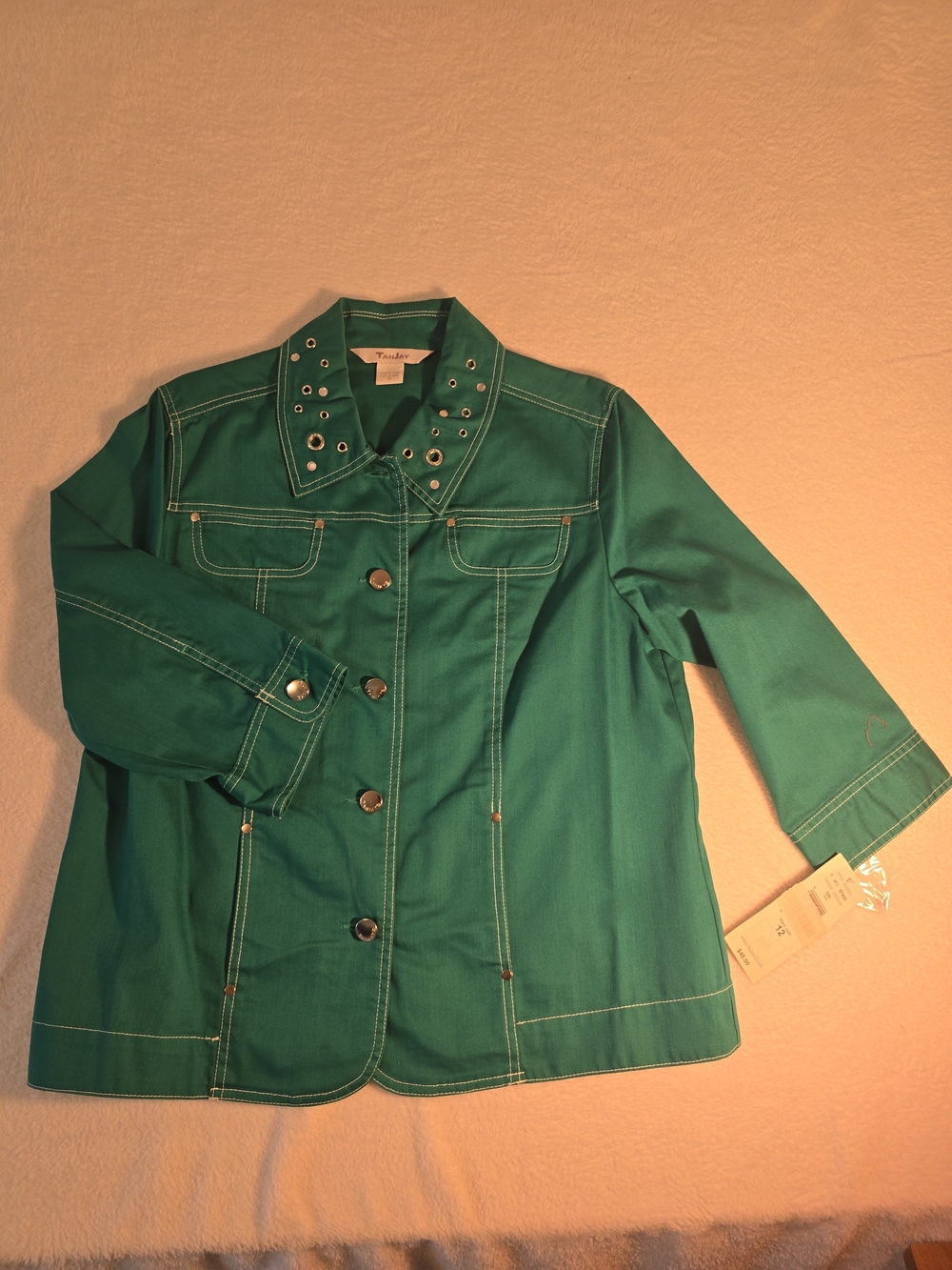 TanJay~Bright Green Jacket with Grommets & Rhinestones~Size 12 NWT